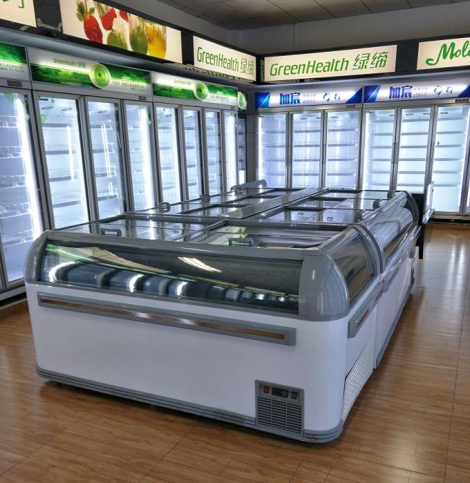 Low E Glass Door Chest Island Commercial Display Freezer For Fish 650w