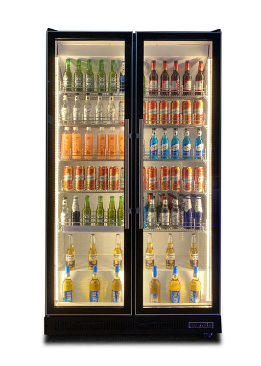 Self Closing Glass Door Black Upright Soft Drink Refrigerator For KTV