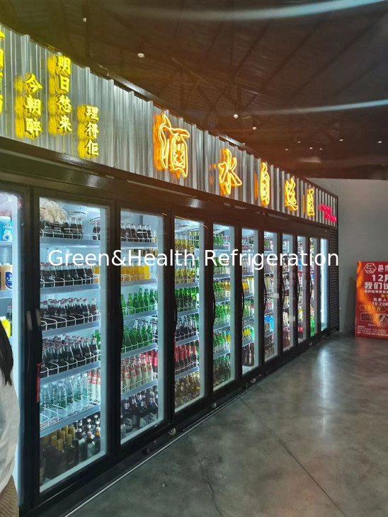 Flat Head Commercial Beverage Cooler Five Glass Doors Large Supermarket Refrigerator