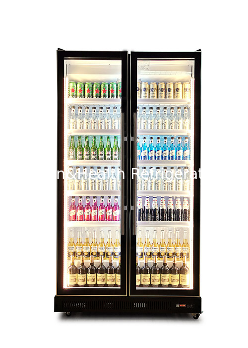 Fan Cooling Commercial Beverage Cooler Tricolor LED Light Vertical Dazzle Black Drink Chiller