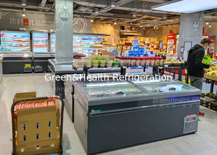 Supermarket Chicken Island Display Freezer Sliding Door Deep Refrigerator Equipment