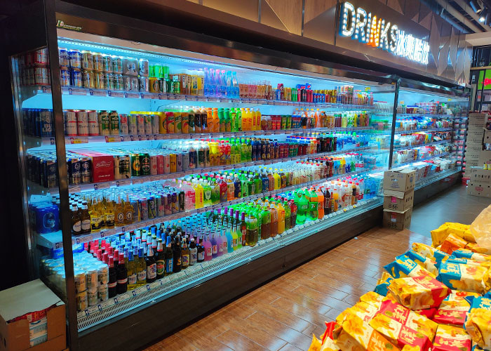 Supermarket 2m Right Angle Multideck Open Chiller With Air Curtain Drink Display Cooler