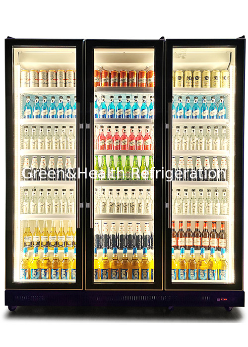 880L Supermarket Display Cooler Dynamic Cooling Tricolor LED Light Vertical Dazzle Black Drink Chiller