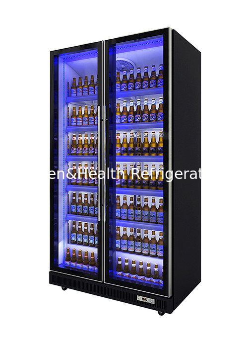880L Supermarket Display Cooler Dynamic Cooling Tricolor LED Light Vertical Dazzle Black Drink Chiller