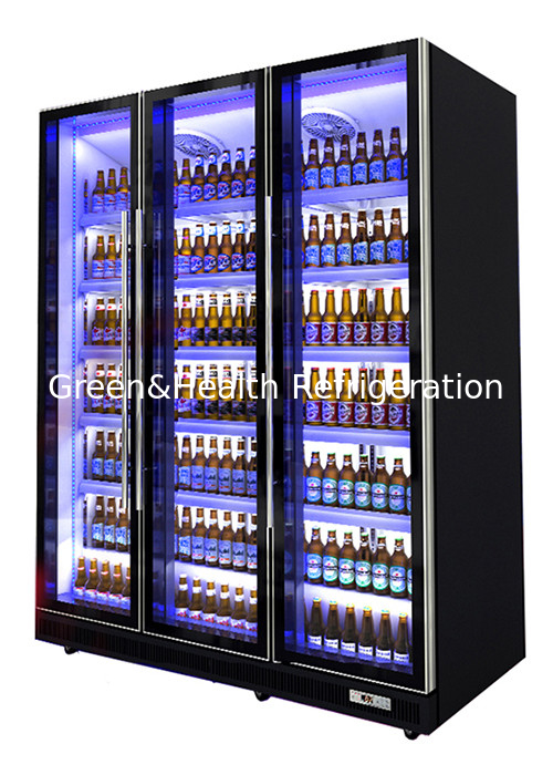 880L Supermarket Display Cooler Dynamic Cooling Tricolor LED Light Vertical Dazzle Black Drink Chiller