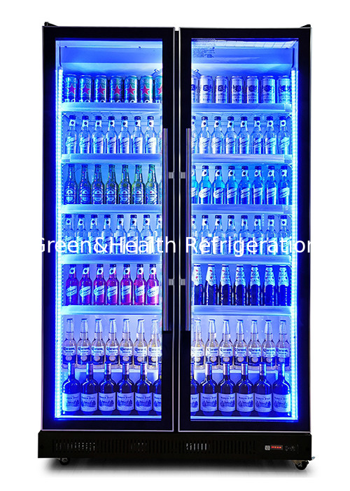 880L Supermarket Display Cooler Dynamic Cooling Tricolor LED Light Vertical Dazzle Black Drink Chiller