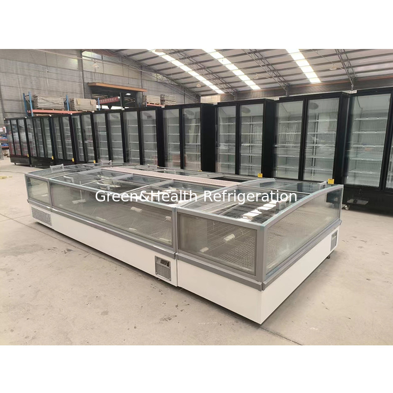 Large Window Glass Display Cabinet Supermarket Island Freezer With Internal Embossed Aluminum