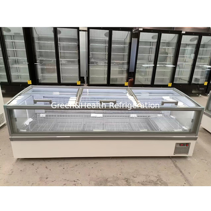 Large Window Glass Display Cabinet Supermarket Island Freezer With Internal Embossed Aluminum