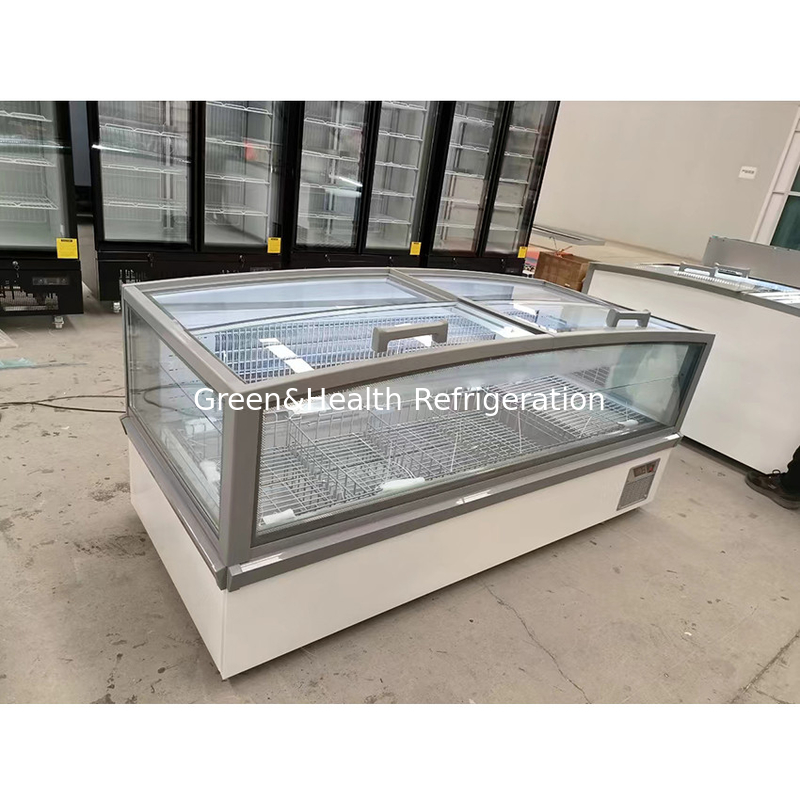 Large Window Glass Display Cabinet Supermarket Island Freezer With Internal Embossed Aluminum
