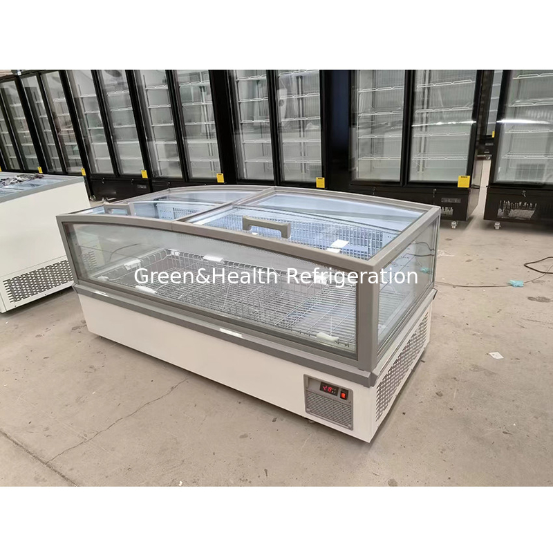 Large Window Glass Display Cabinet Supermarket Island Freezer With Internal Embossed Aluminum
