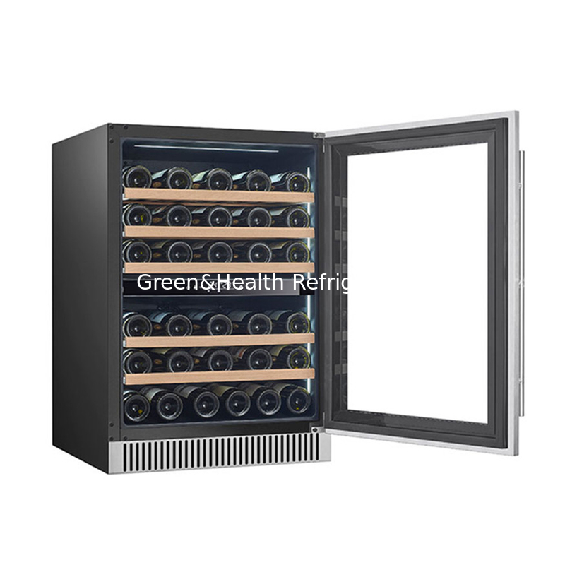 Black Electric Wine Cooler with Wood Shelves Dual Zone Glass Door Display Cooler