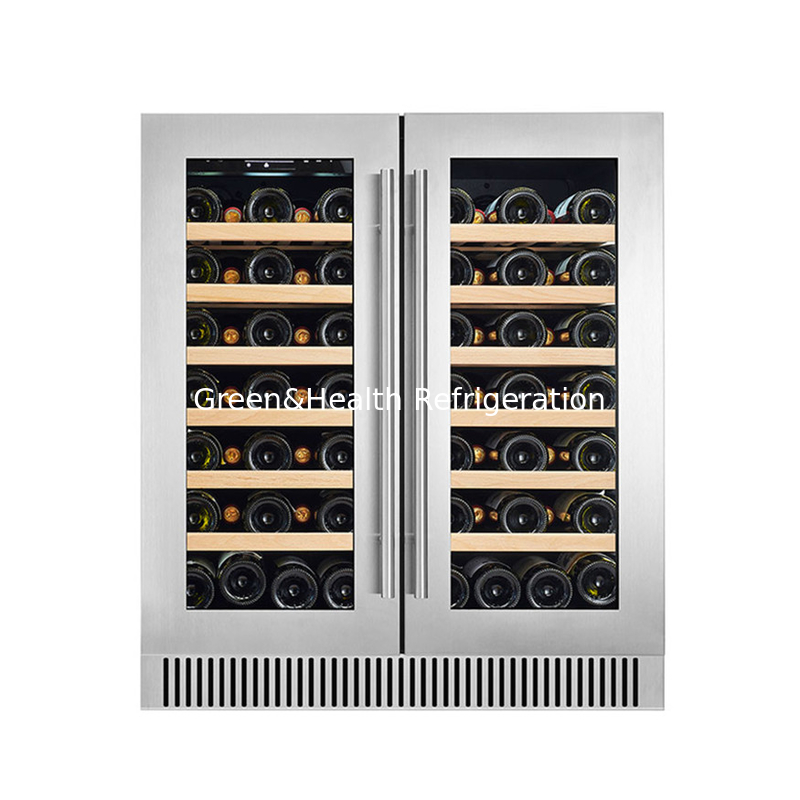 Black Electric Wine Cooler with Wood Shelves Dual Zone Glass Door Display Cooler