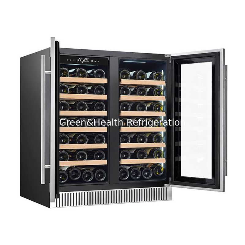 Black Electric Wine Cooler with Wood Shelves Dual Zone Glass Door Display Cooler