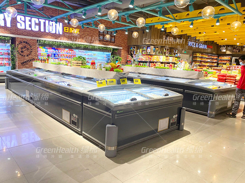 8 Ft Large Supermarket Island Display Sliding Glass Door Freezer For Chicken Storage