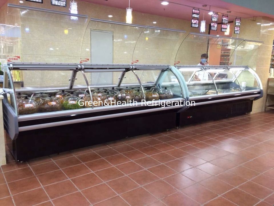 Curved Glass Deli Display Counter Refrigerator For Supermarket With Optional Rear