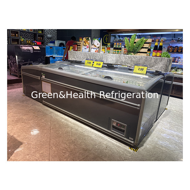 Factory Direct Sales Semi Open Sliding Door Glass Stainless Steel Frozen Goods Storage Island Cabinet Freezer