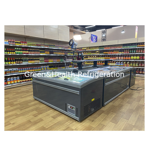 Factory Direct Sales Semi Open Sliding Door Glass Stainless Steel Frozen Goods Storage Island Cabinet Freezer