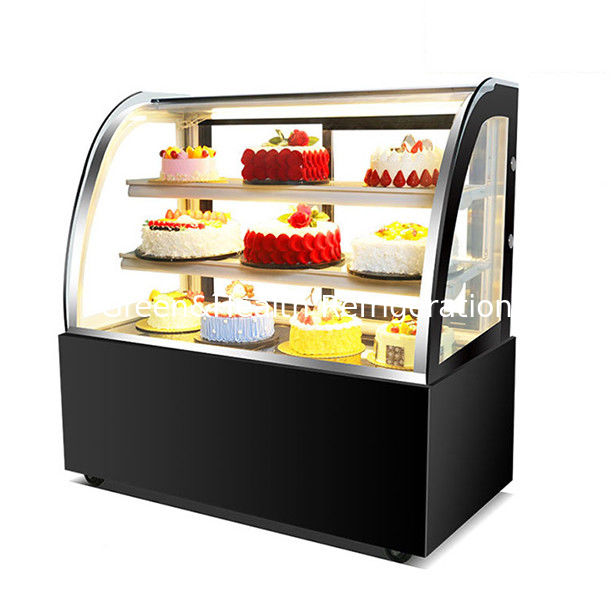 Curved Glass Stainless Steel Cake Display Freezer with Multiple Shelves for Commercial Use