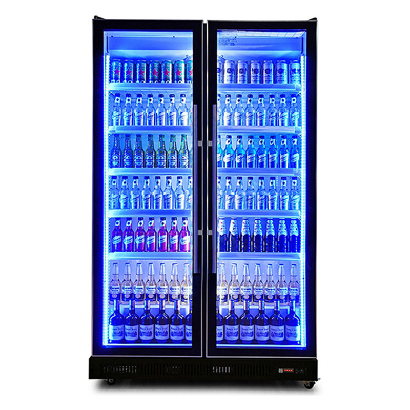 Supermarket Commercial Two Glass Doors Multiple Adjustable LED Lights Beverage Display Freezer