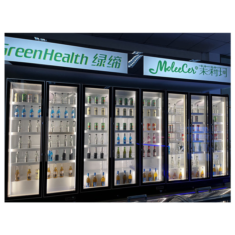 Supermarket Commercial Two Glass Doors Multiple Adjustable LED Lights Beverage Display Freezer