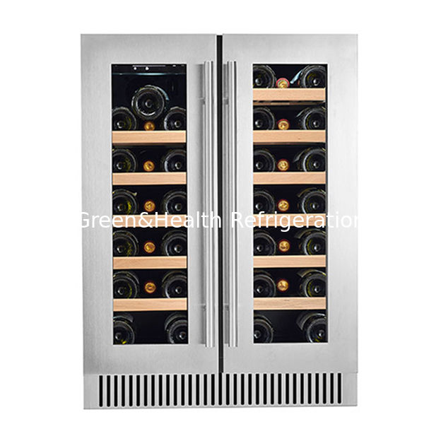 ETL Certificate 68 Bottles Two Glass Doors Two Independent Temperature Zones Oak Wood Shelves Red Wine Storage Refrigerated Freezer