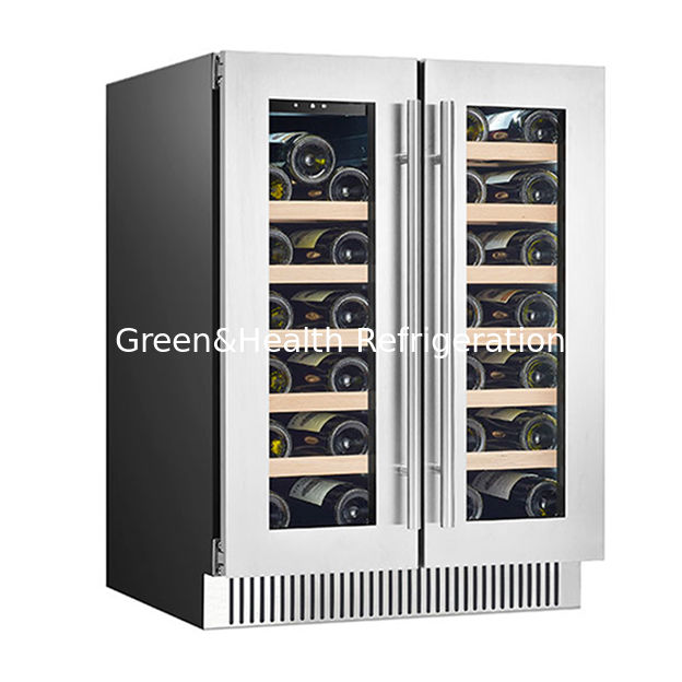 ETL Certificate 68 Bottles Two Glass Doors Two Independent Temperature Zones Oak Wood Shelves Red Wine Storage Refrigerated Freezer