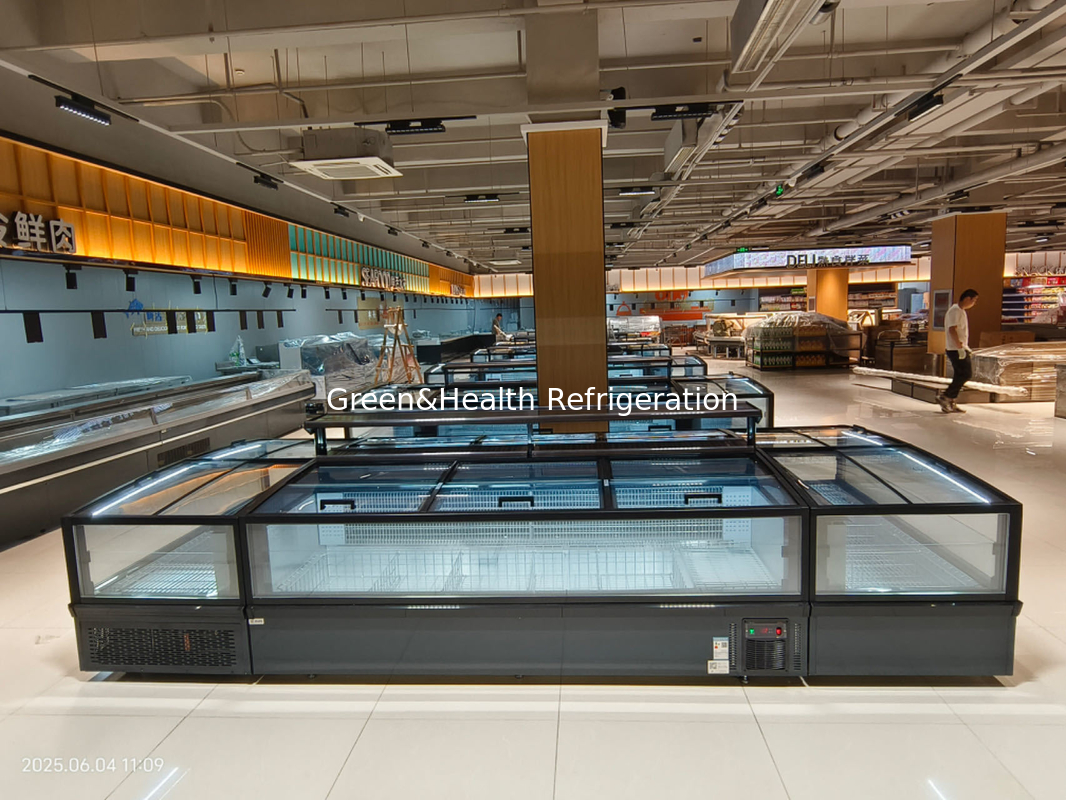 Sliding Panoramic Glass Door Supermarket Island Freezer Big capacity Chest Freezer For Frozen Food Display