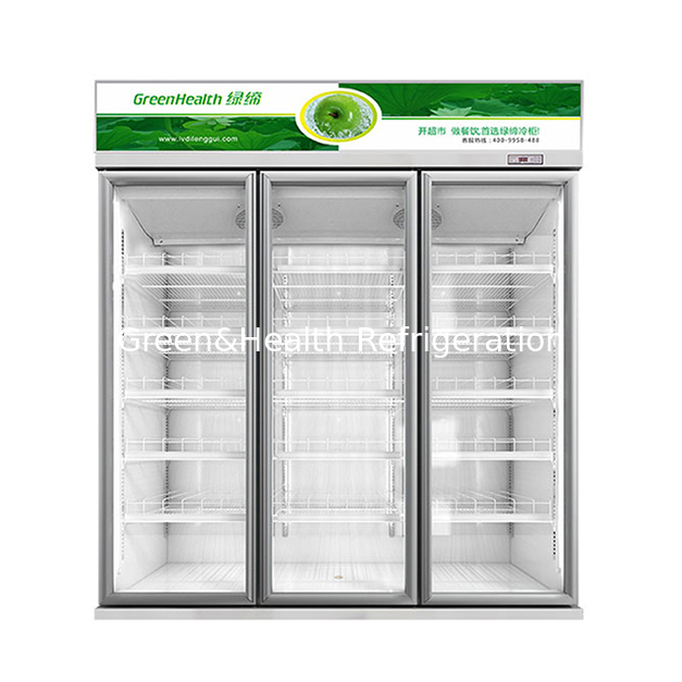 Three Door Beverage Refrigerated Display Freezer with Auto Defrost Fan Cooling and Adjustable Shelves