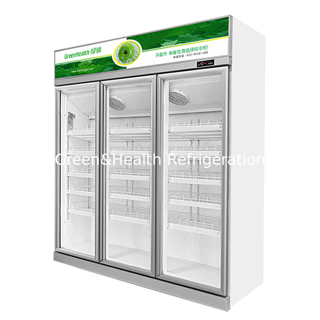 Three Door Beverage Refrigerated Display Freezer with Auto Defrost Fan Cooling and Adjustable Shelves