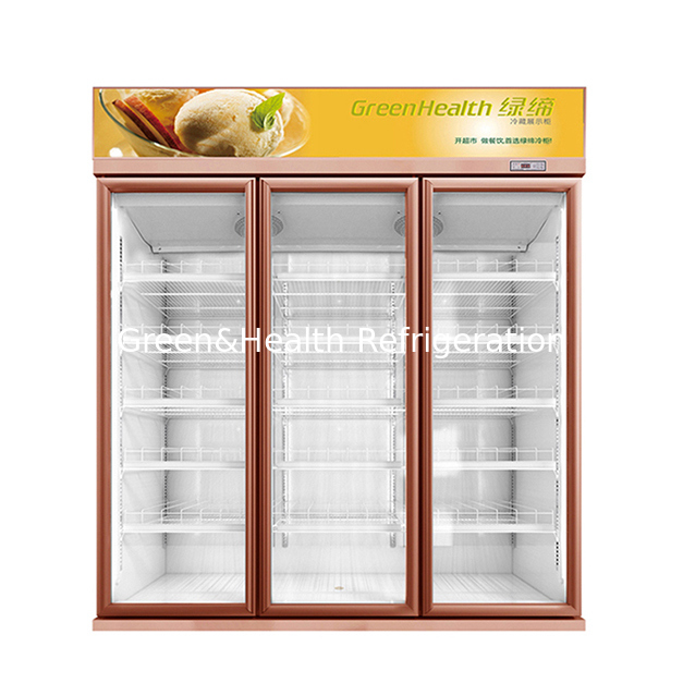 Three Door Beverage Refrigerated Display Freezer with Auto Defrost Fan Cooling and Adjustable Shelves