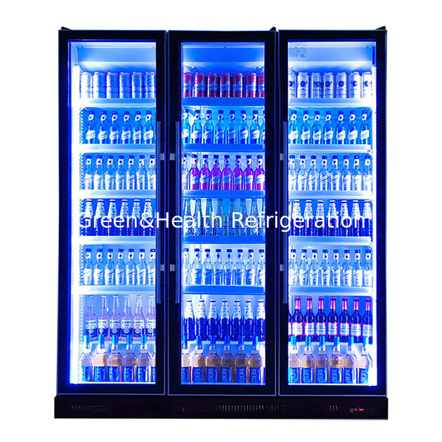 A Beverage Refrigeration Display Freezer With Multiple Adjustable LED Lights And Three Glass Doors