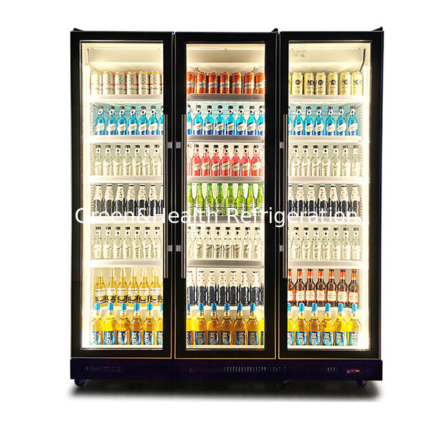 A Beverage Refrigeration Display Freezer With Multiple Adjustable LED Lights And Three Glass Doors