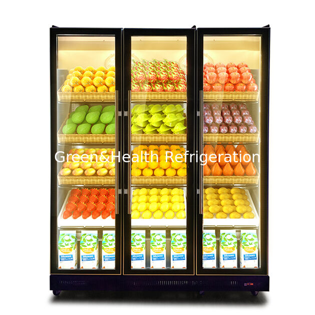 A Beverage Refrigeration Display Freezer With Multiple Adjustable LED Lights And Three Glass Doors