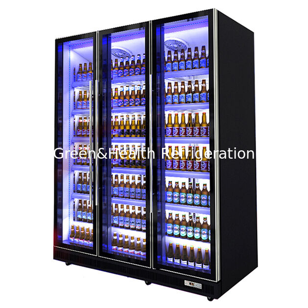 A Beverage Refrigeration Display Freezer With Multiple Adjustable LED Lights And Three Glass Doors