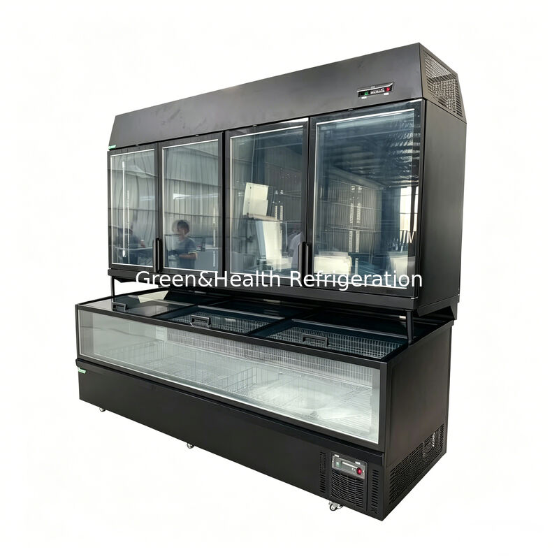 Dual Function Island Freezer with Stainless Steel/Glass Exterior and 850L Capacity for Supermarket Display