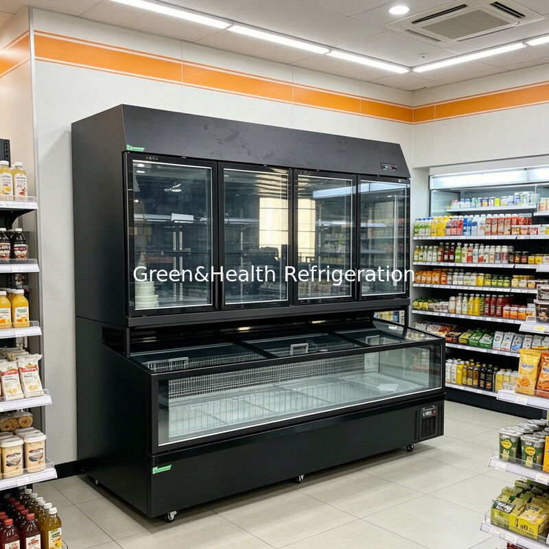 Dual Function Island Freezer with Stainless Steel/Glass Exterior and 850L Capacity for Supermarket Display