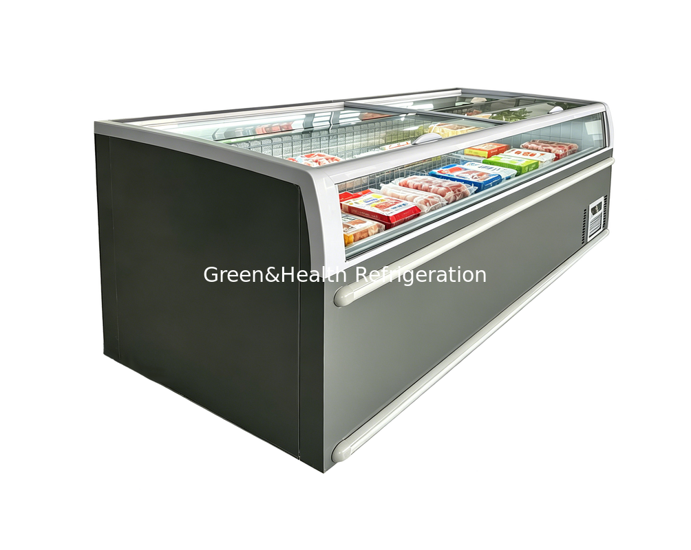 -18~-22 Degree Supermarket Island Freezer For Meat And Fish with transparent glass top