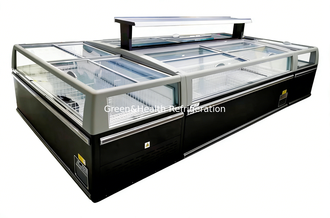 -18~-22 Degree Supermarket Island Freezer For Meat And Fish with transparent glass top
