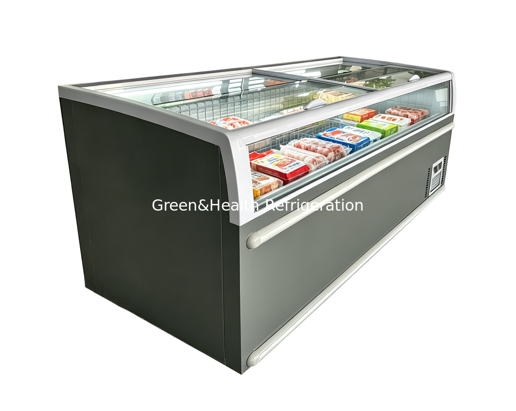 -18~-22 Degree Supermarket Island Freezer For Meat And Fish with transparent glass top