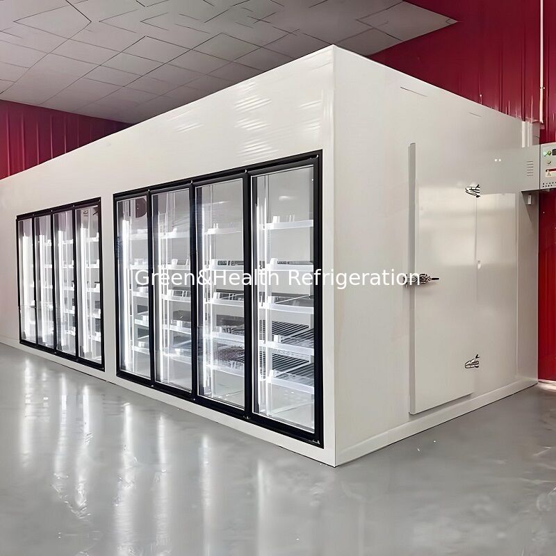 Commercial Pu Panel Display Glass Door Cold Storage Chamber Room Walk In Freezer For Supermarket