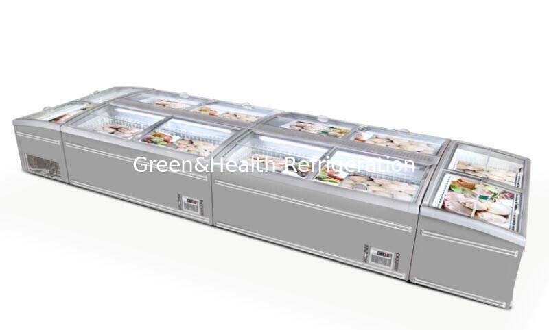 White Supermarket Island Freezer For Frozen Food With Sliding Curved Glass Door