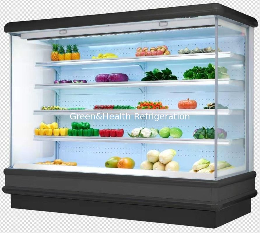 commercial upright showcase display multideck open refrigerator fruit in supermarket