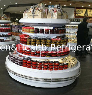 Supermarket hypermarket color steel multideck vertical annular open chiller showcase for fresh food beverage meat dairy