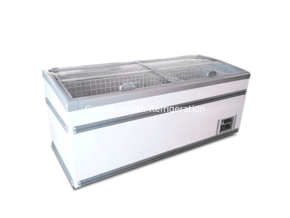 Supermarket Commercial Island Freezer / Sliding Glass Curved Lid Chest Combined Island Fridge