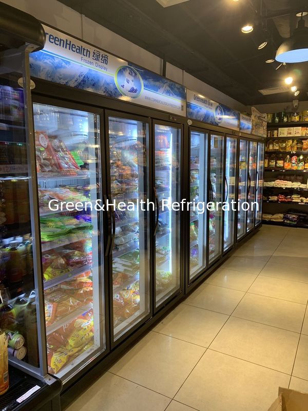 Black Glass Door Upright Hypermarket Display Freezer With Wire Defrost Heater
