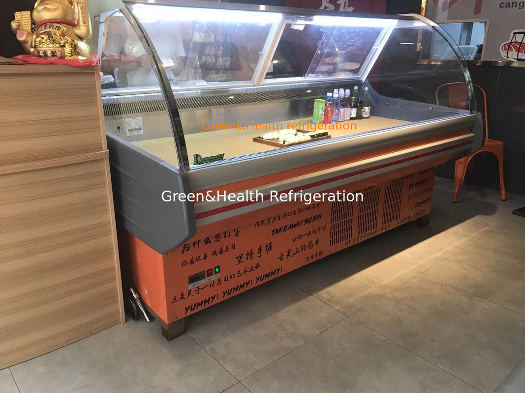 Commercial Meat Display Cabinet with Curved Glass Stainless Steel Interior and Fan Cooling System
