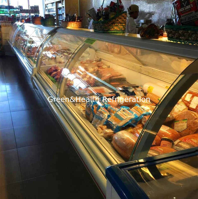 Commercial Meat Display Cabinet with Curved Glass Stainless Steel Interior and Fan Cooling System