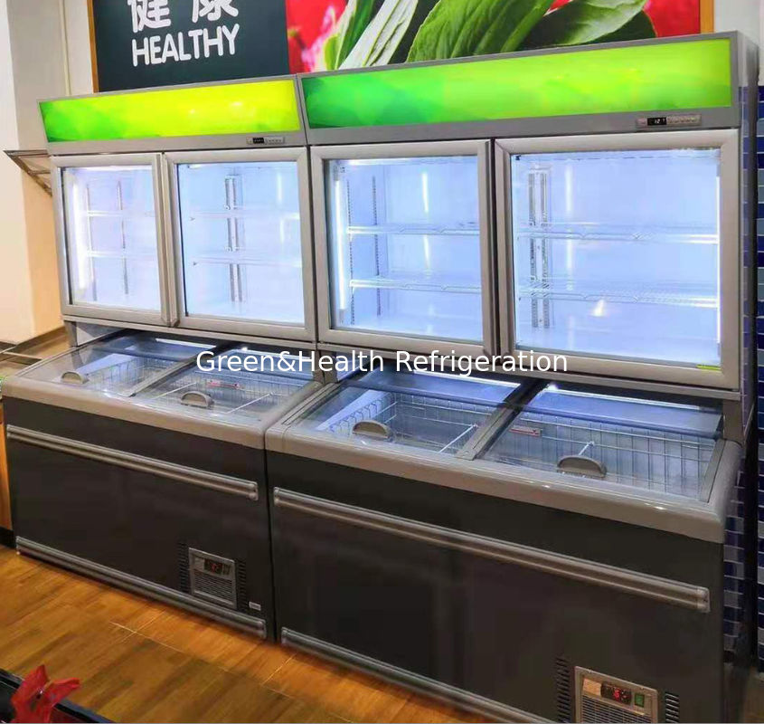 Combine Multideck Open Chiller Frozen For Ice Cream 2 Glasses Door Up And Dowm Layer