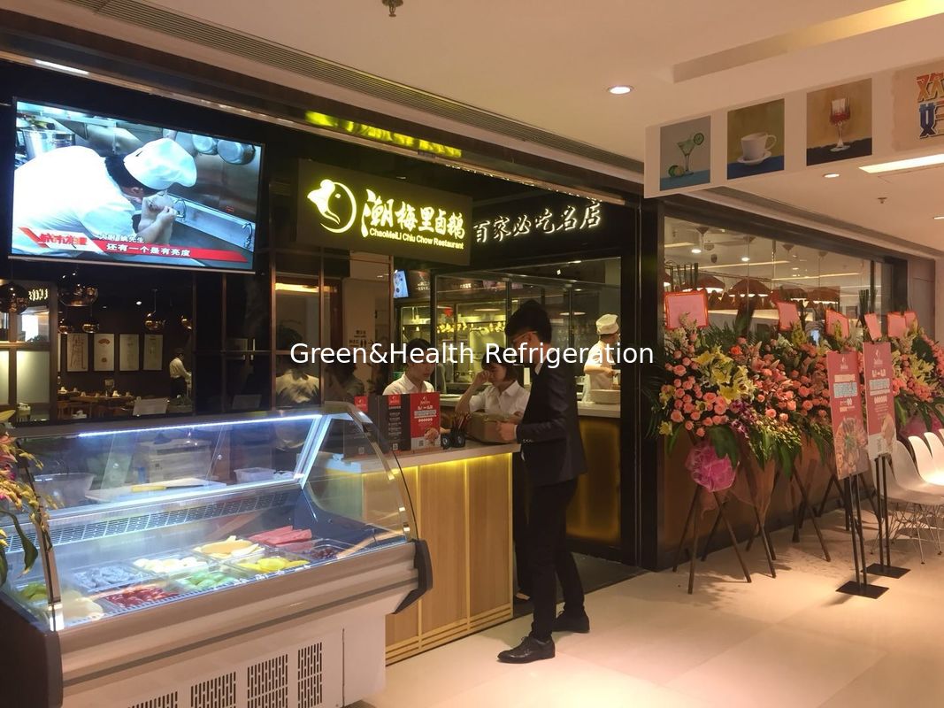 Commercial Meat Display Cabinet with Curved Glass Stainless Steel Interior and Fan Cooling System