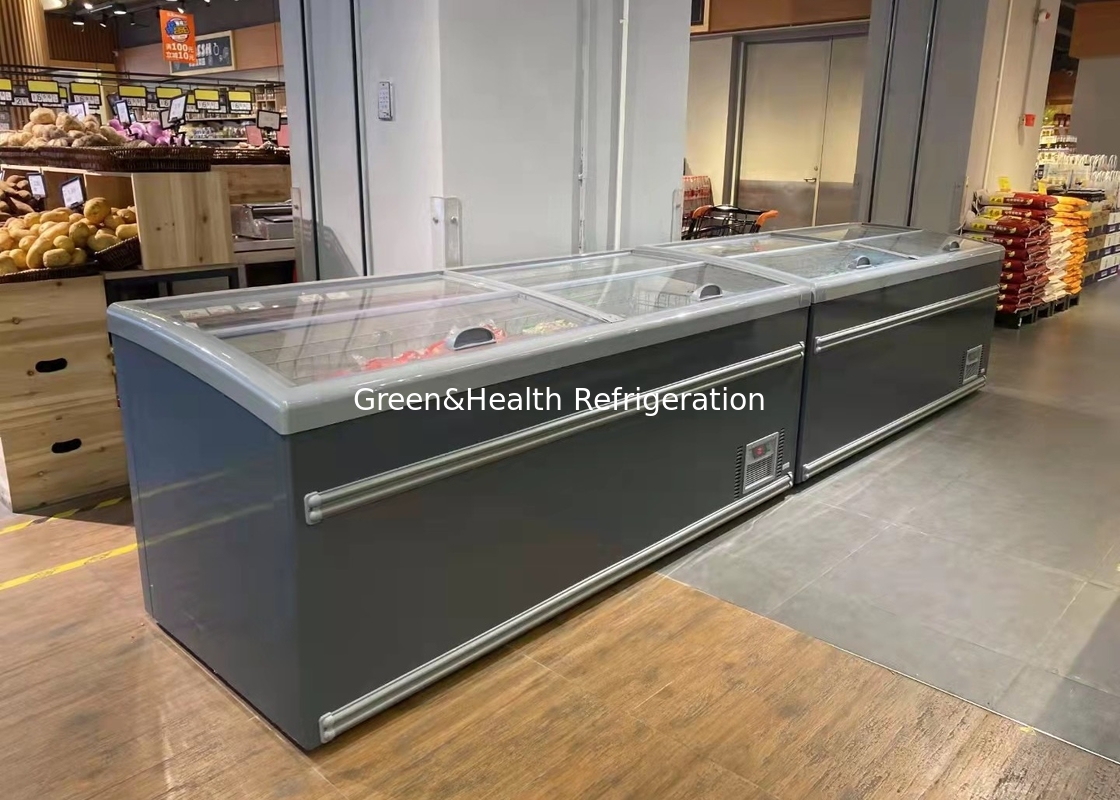 Supermarket Curved Lid Chest Display Combined Island Fridge Freezer Sliding Door